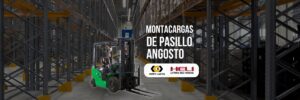 Montacargas de pasillo angosto Heli operando en un almacén con estanterías altas, diseñado para optimizar el manejo de carga en espacios reducidos. Logotipos de Interlaken y Heli.